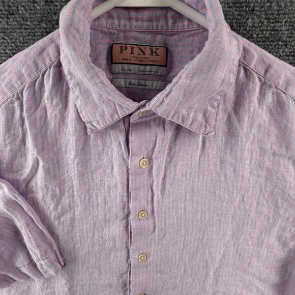 Thomas Pink Large Short Sleeve Striped Linen Pink Button Up Shirt Mens Spread - Picture 1 of 10